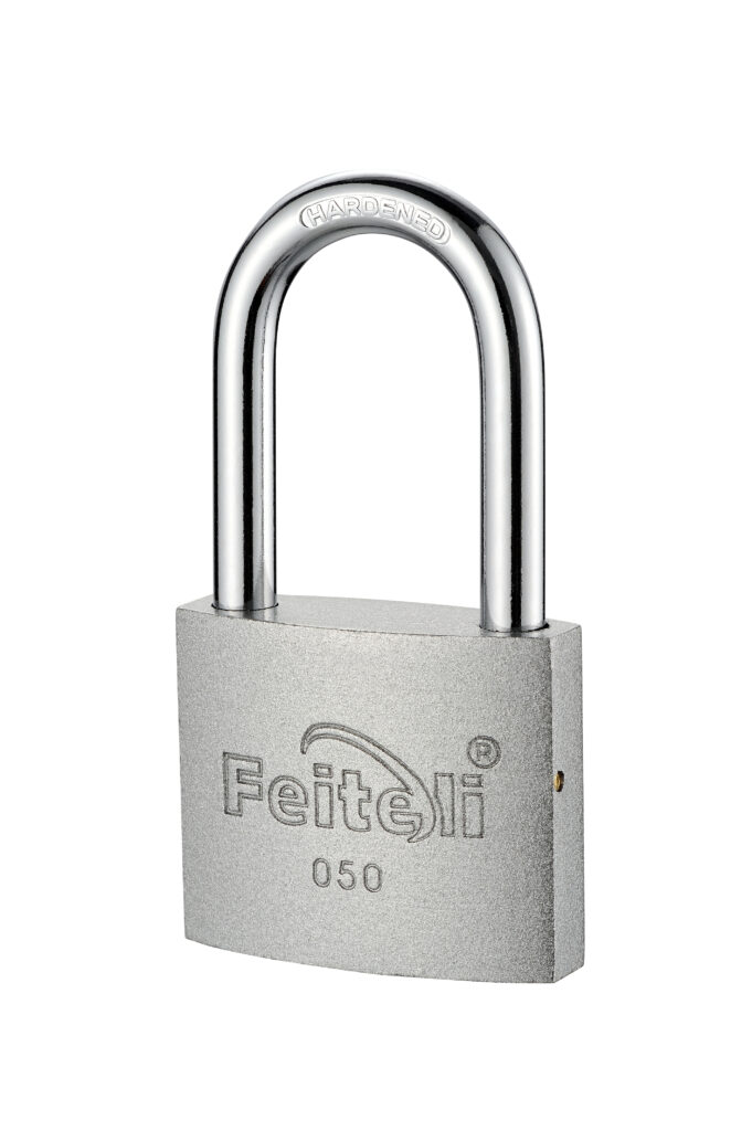 Candado Feiteli E2L gancho largo de hierro gris plateado
