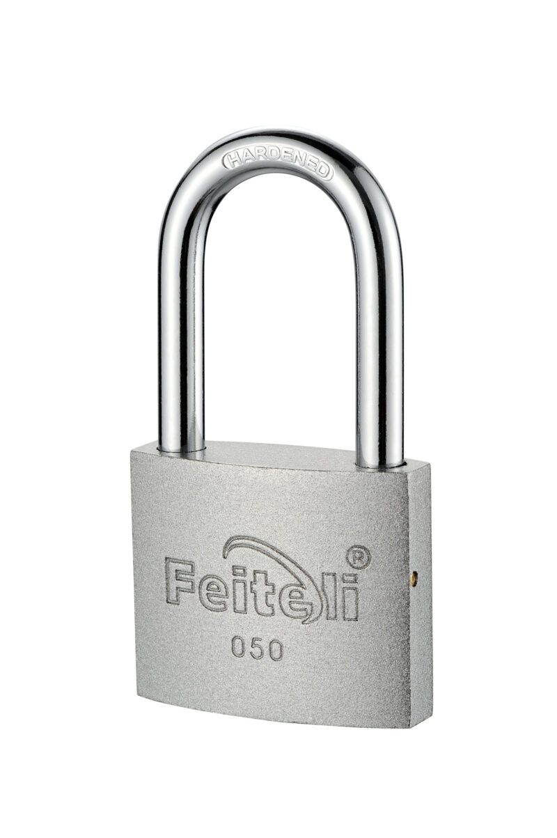 Candado Feiteli E2L gancho largo de hierro gris plateado