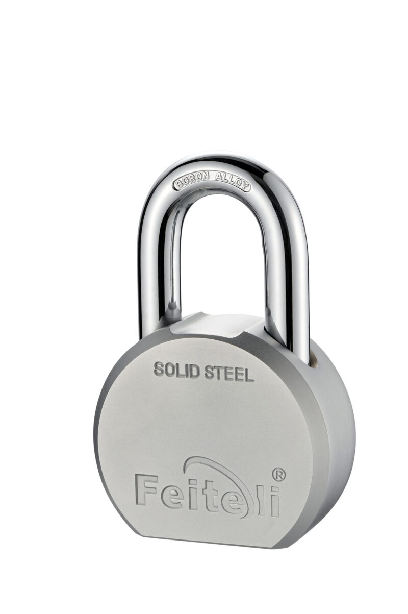 Candado Feiteli R930.65 de alta gama con grillete de acero enchapado y doble bloqueo de bola en tono gris plateado