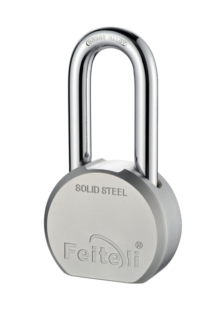 Candado Feiteli R930.65 L de alta gama gancho largo con grillete de acero enchapado y doble bloqueo de bola en tono gris plateado