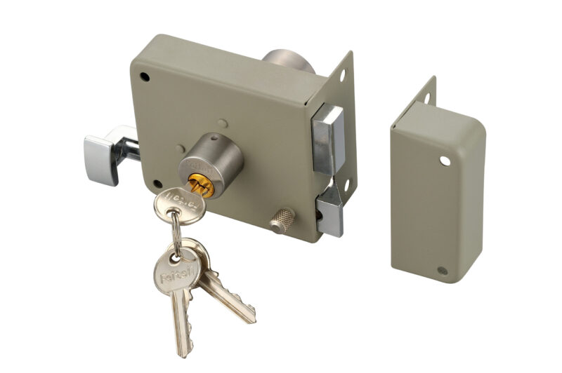 Cerradura de sobreponer Feiteli RM71520R RM71521L en hierro acabado gris martillado con cilindro de latón