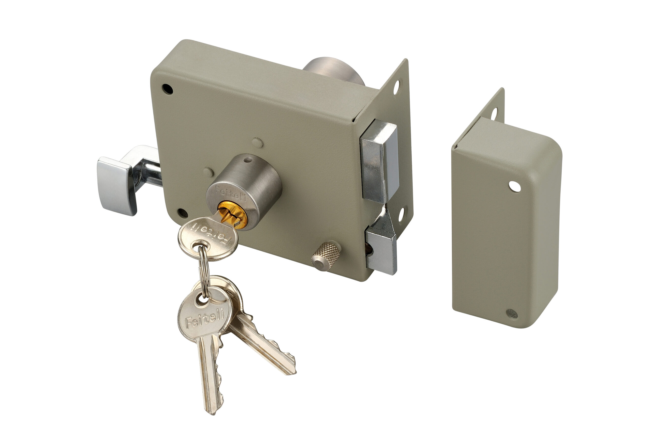 Cerradura de sobreponer Feiteli RM71520R RM71521L en hierro acabado gris martillado con cilindro de latón