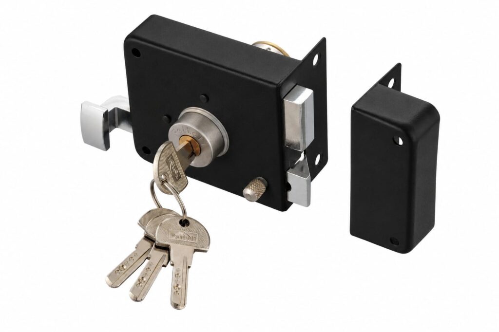 Cerradura de sobreponer Feiteli RM71530R RM71531L con llave de puntos en hierro acabado negro mate